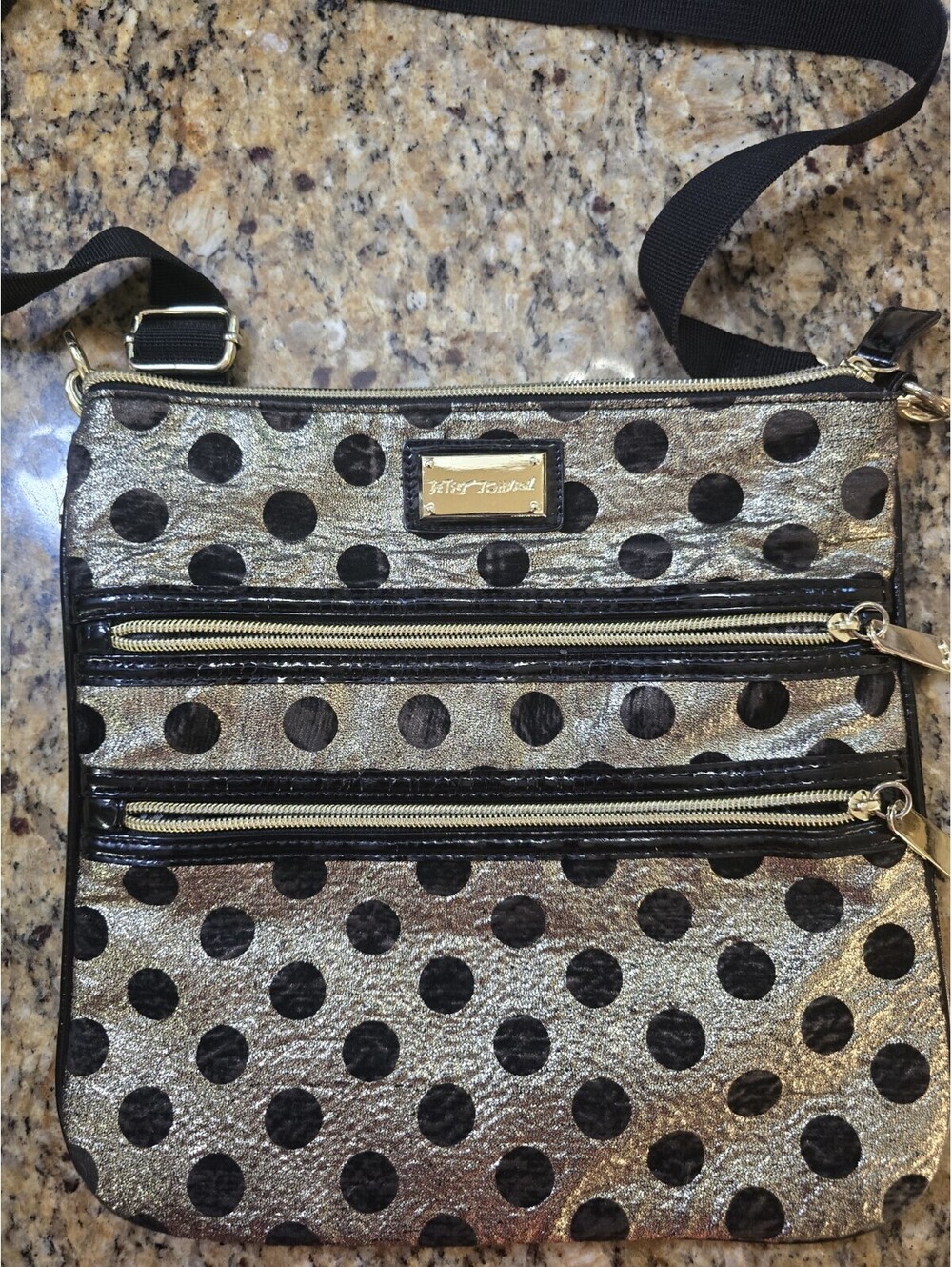Betsey Johnson Metallic gold/Black Polka Dot Crossbody Zip Bag w/ Pockets